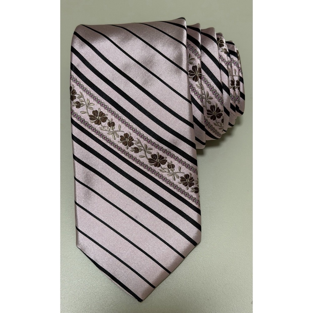 Brooks Brothers All Silk Tie Pink Black Floral Stripes Pattern USA Made Mens